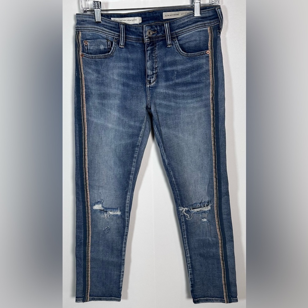 Pilcro and the Letterpress ANTHROPOLOGIE Slim Boyfriend Jeans Embroidered Sz 25